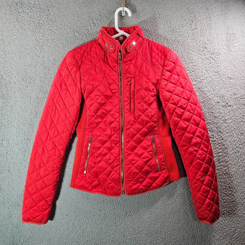 Zara Light Puffer Jacket Women XS Fitted Quilted Full Zip‎ Christmas Red